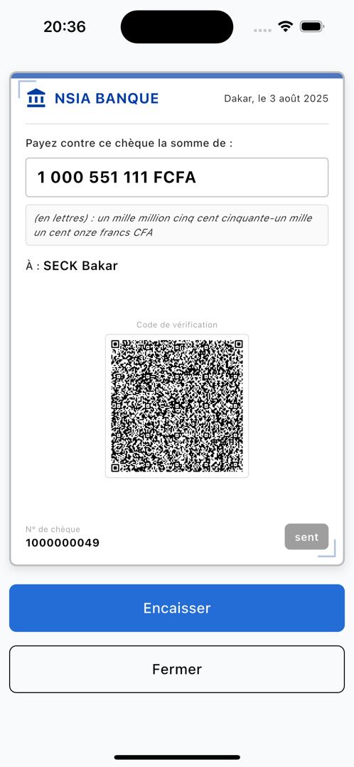 Chèque électronique final avec QR code de vérification - NSIA BANQUE, montant 1 000 551 111 FCFA